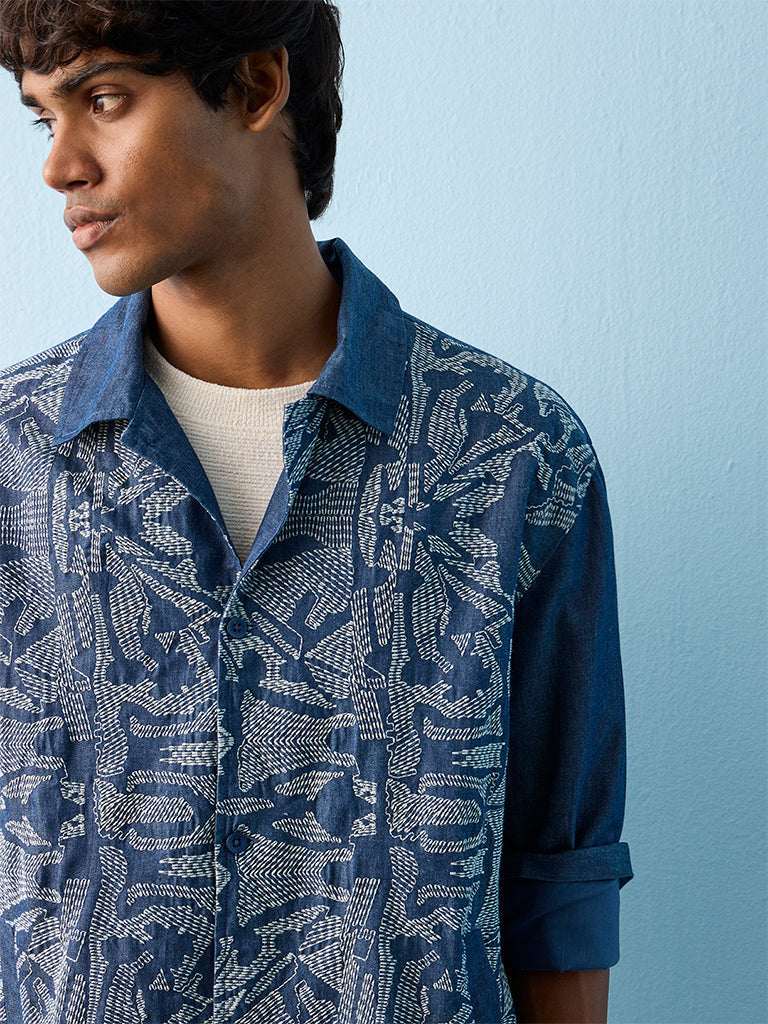 ETA Indigo Abstract Embroidered Relaxed-Fit Cotton-Blend Shirt