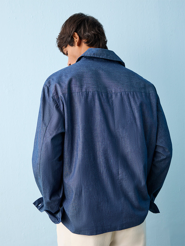 ETA Indigo Abstract Embroidered Relaxed-Fit Cotton-Blend Shirt