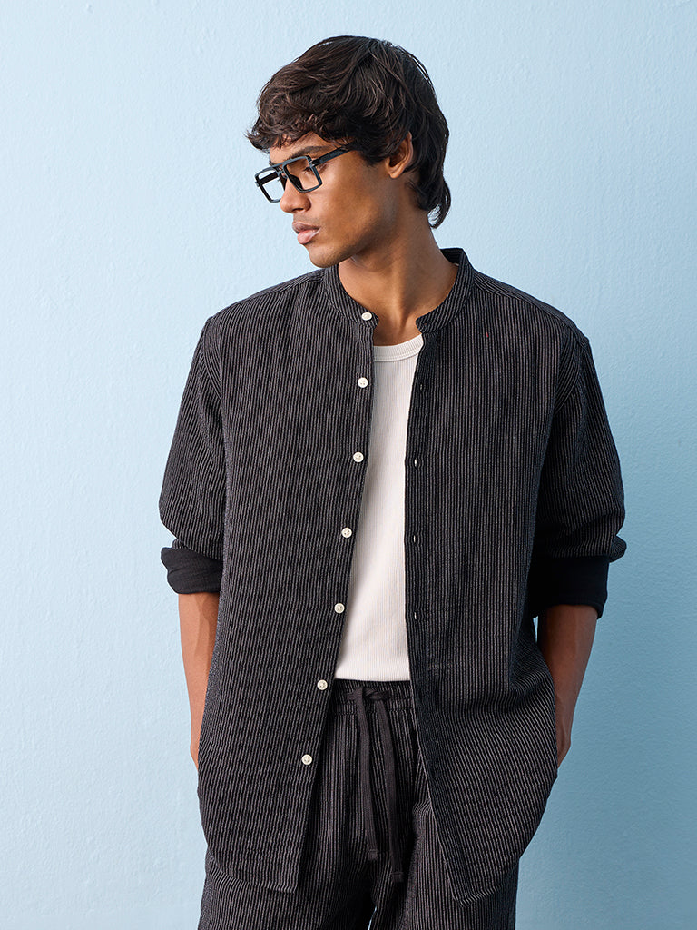 ETA Black Striped Relaxed-Fit Cotton Shirt