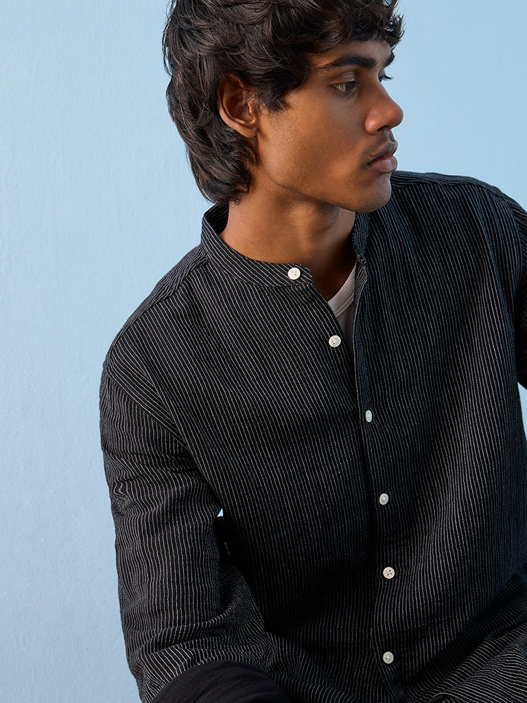 ETA Black Striped Relaxed-Fit Cotton Shirt