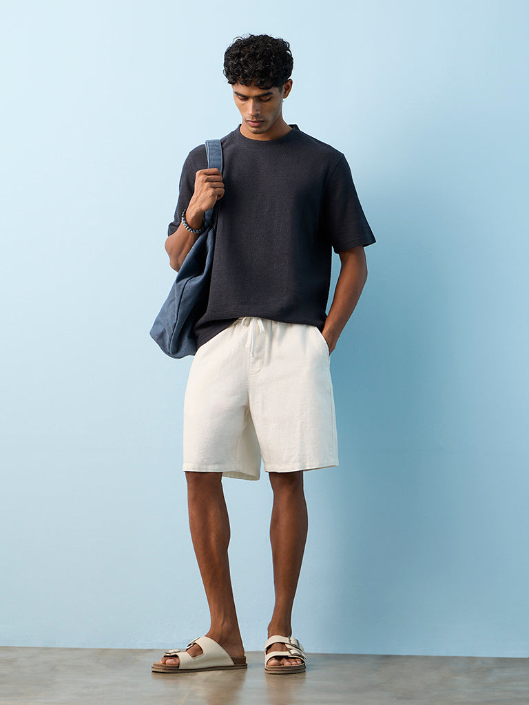 ETA Dark Blue Textured Relaxed-Fit Cotton-Blend T-Shirt