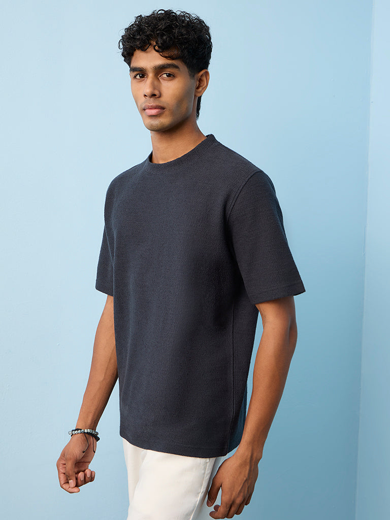 ETA Dark Blue Textured Relaxed-Fit Cotton-Blend T-Shirt