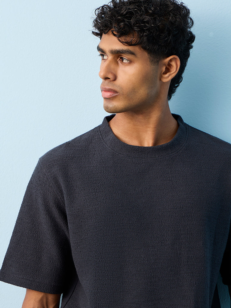 ETA Dark Blue Textured Relaxed-Fit Cotton-Blend T-Shirt