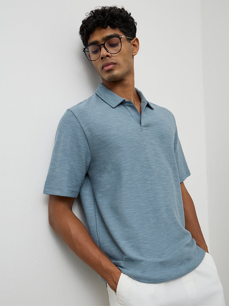 ETA Dusty Blue Relaxed-Fit Polo Cotton-Blend T-Shirt