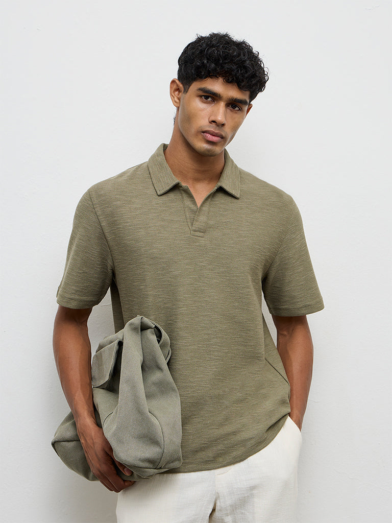 ETA Olive Relaxed-Fit Cotton-Blend Polo T-Shirt