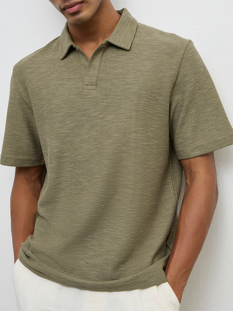 ETA Olive Relaxed-Fit Cotton-Blend Polo T-Shirt