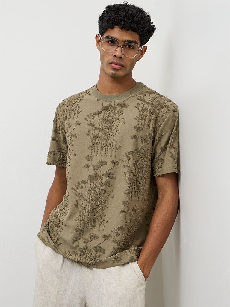 ETA Olive Botanical-Textured Relaxed-Fit Cotton-Blend T-Shirt