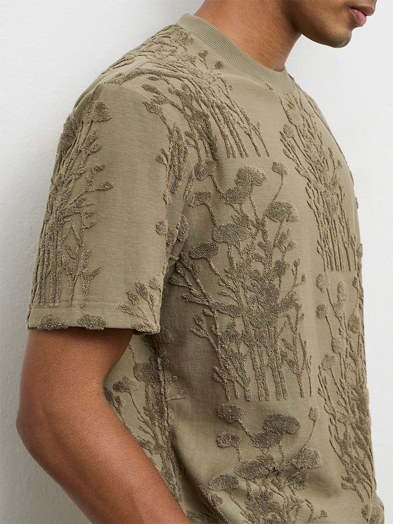 ETA Olive Botanical-Textured Relaxed-Fit Cotton-Blend T-Shirt