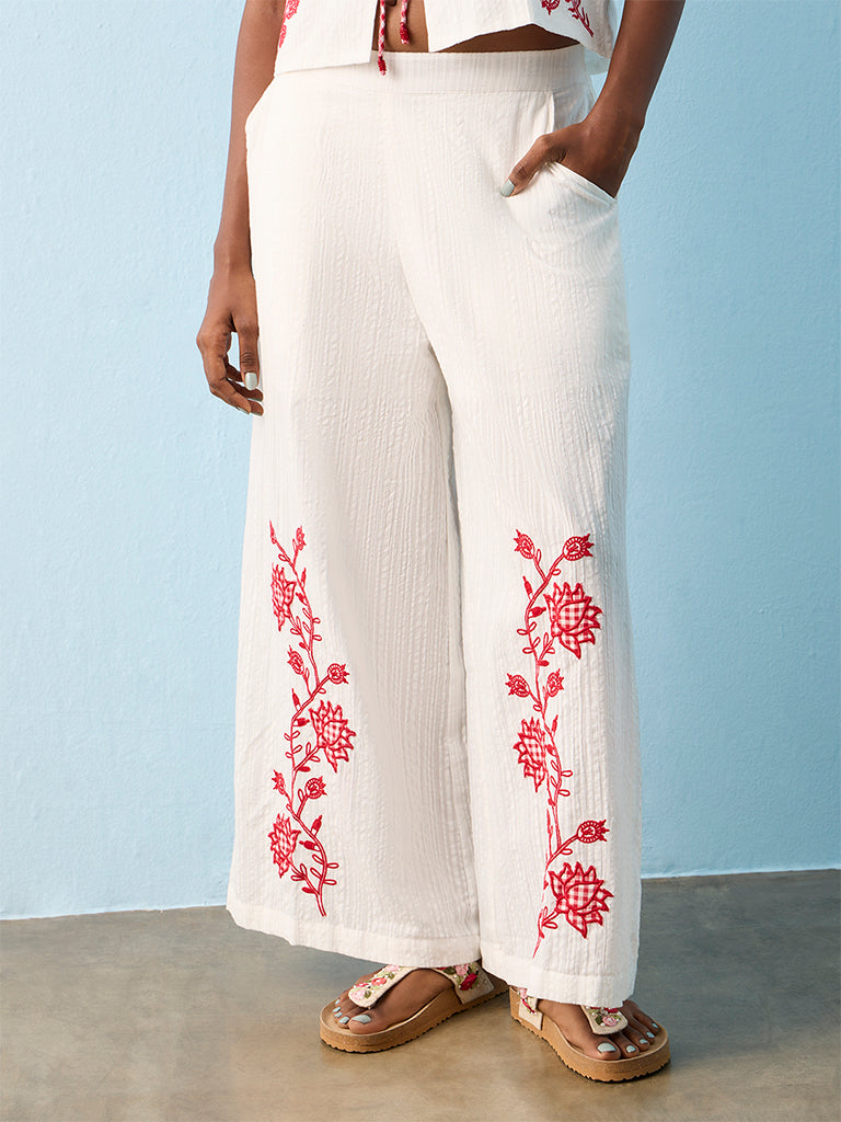 Bombay Paisley White Embroidered Cotton Palazzos
