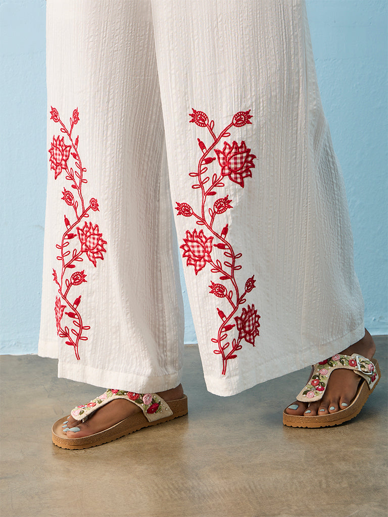 Bombay Paisley White Embroidered Cotton Palazzos