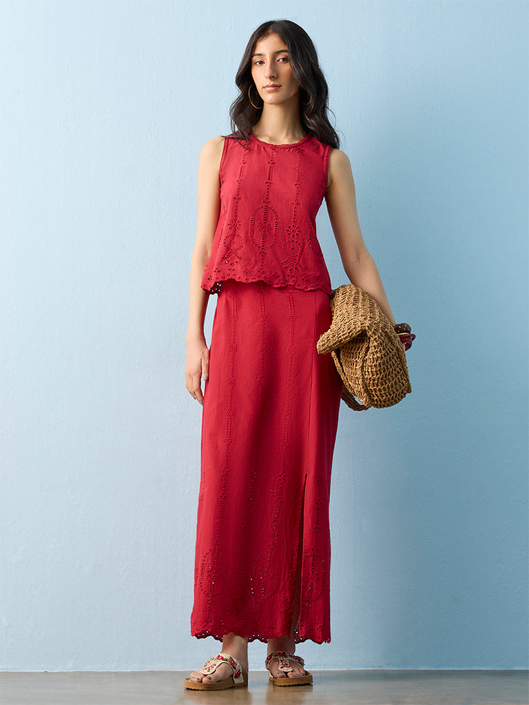 Bombay Paisley Red Embroidered High-Rise Cotton Skirt