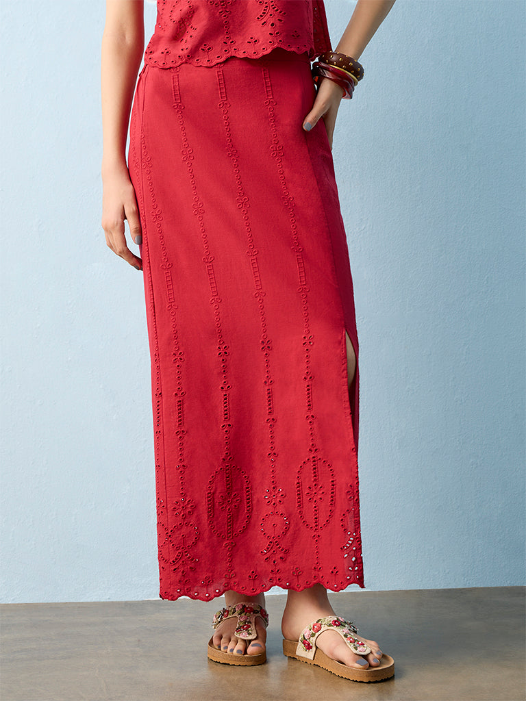 Bombay Paisley Red Embroidered High-Rise Cotton Skirt