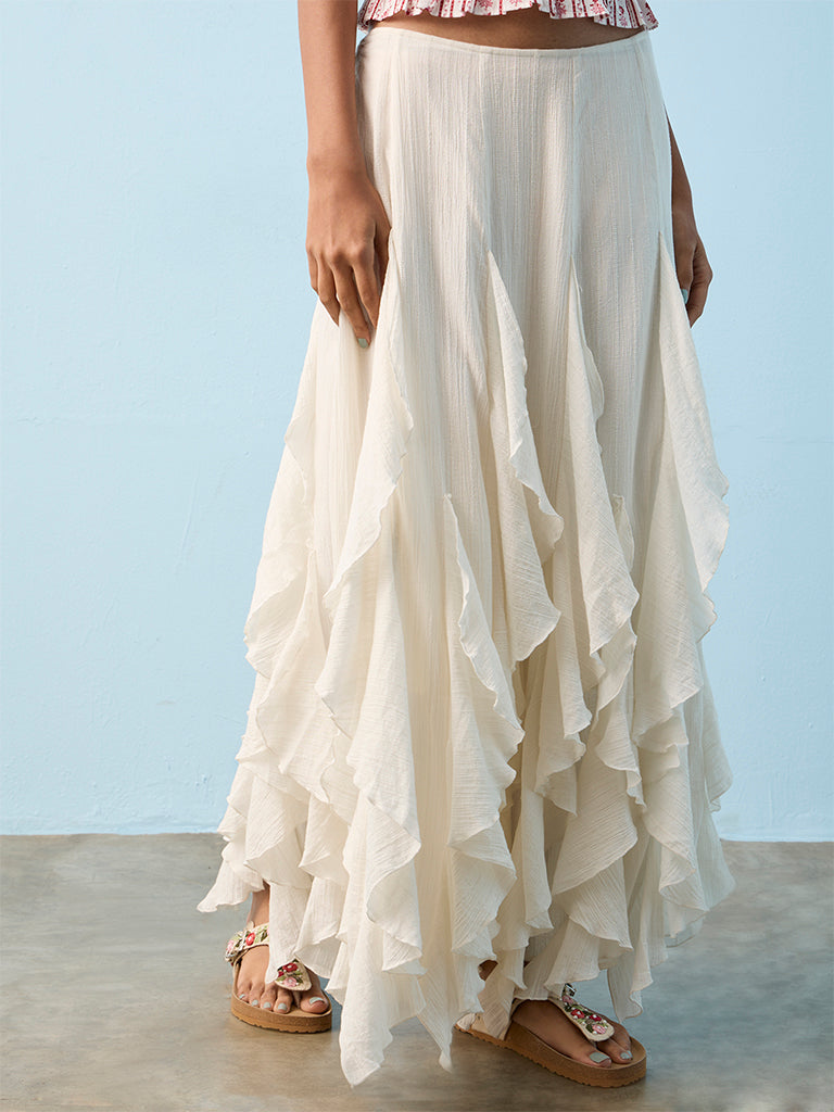 Bombay Paisley Off-White Ruffle Detailed Cotton Maxi Skirt