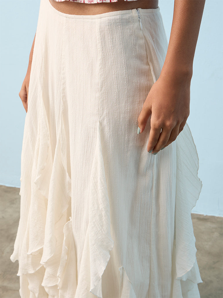 Bombay Paisley Off-White Ruffle Detailed Cotton Maxi Skirt