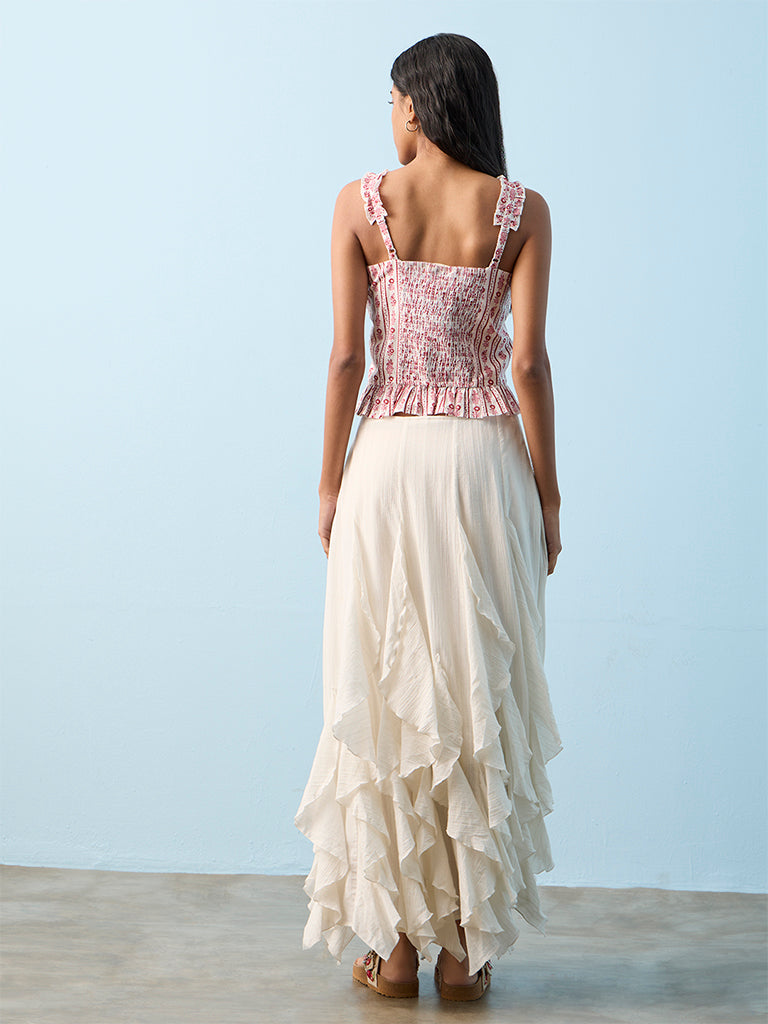 Bombay Paisley Off-White Ruffle Detailed Cotton Maxi Skirt