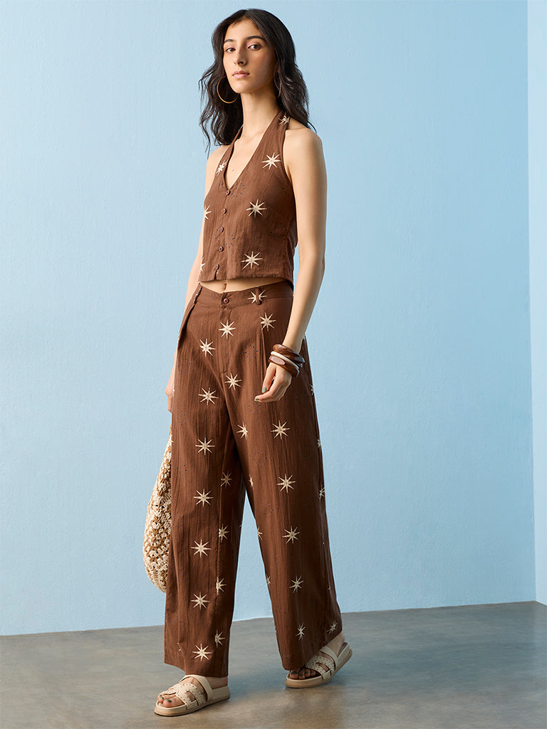 Bombay Paisley Brown Printed High-Rise Cotton-Blend Pants