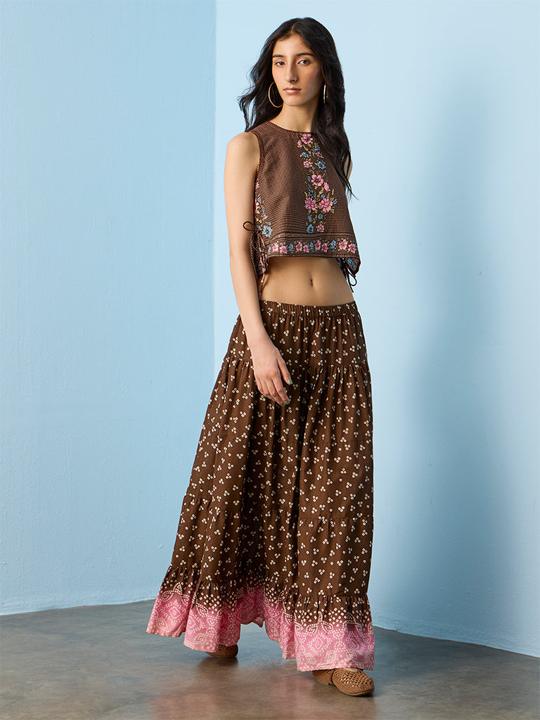 Bombay Paisley Dark Brown Bandhani High-Rise Cotton Tiered Skirt