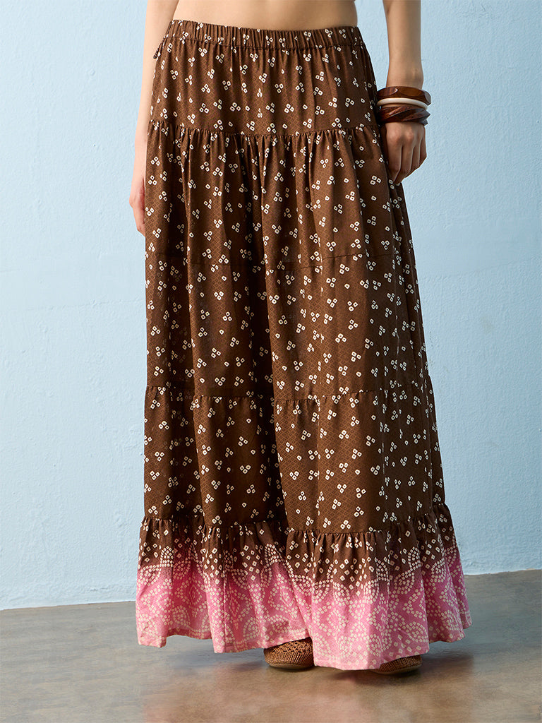 Bombay Paisley Dark Brown Bandhani High-Rise Cotton Tiered Skirt