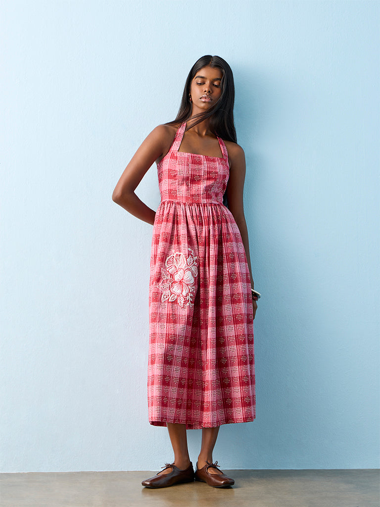 Bombay Paisley Red Checkered Cotton A-Line Dress