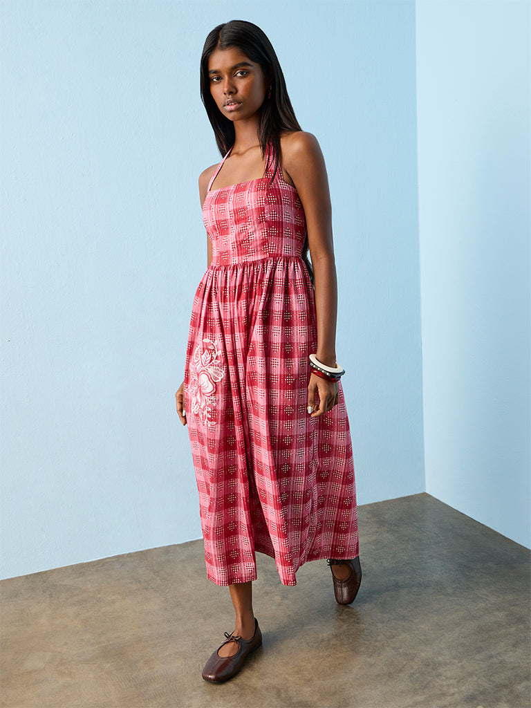 Bombay Paisley Red Checkered Cotton A-Line Dress