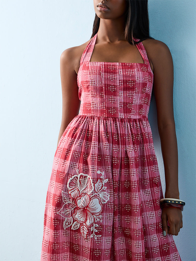 Bombay Paisley Red Checkered Cotton A-Line Dress