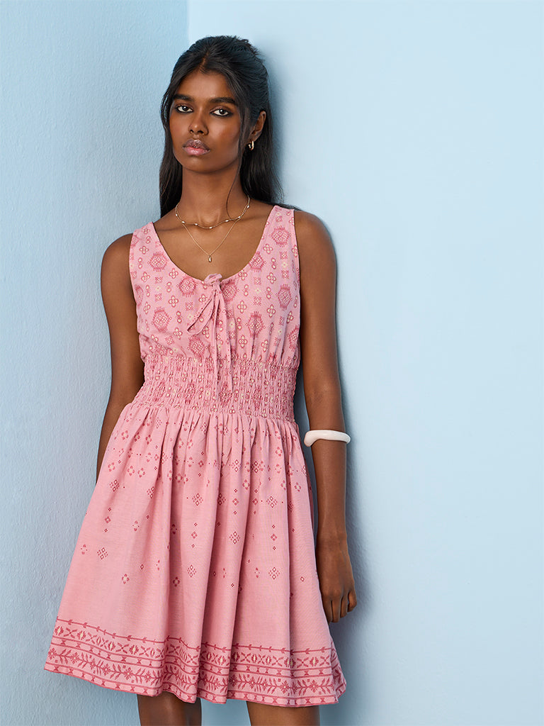 Bombay Paisley Pink Printed Cotton-Blend A-Line Dress