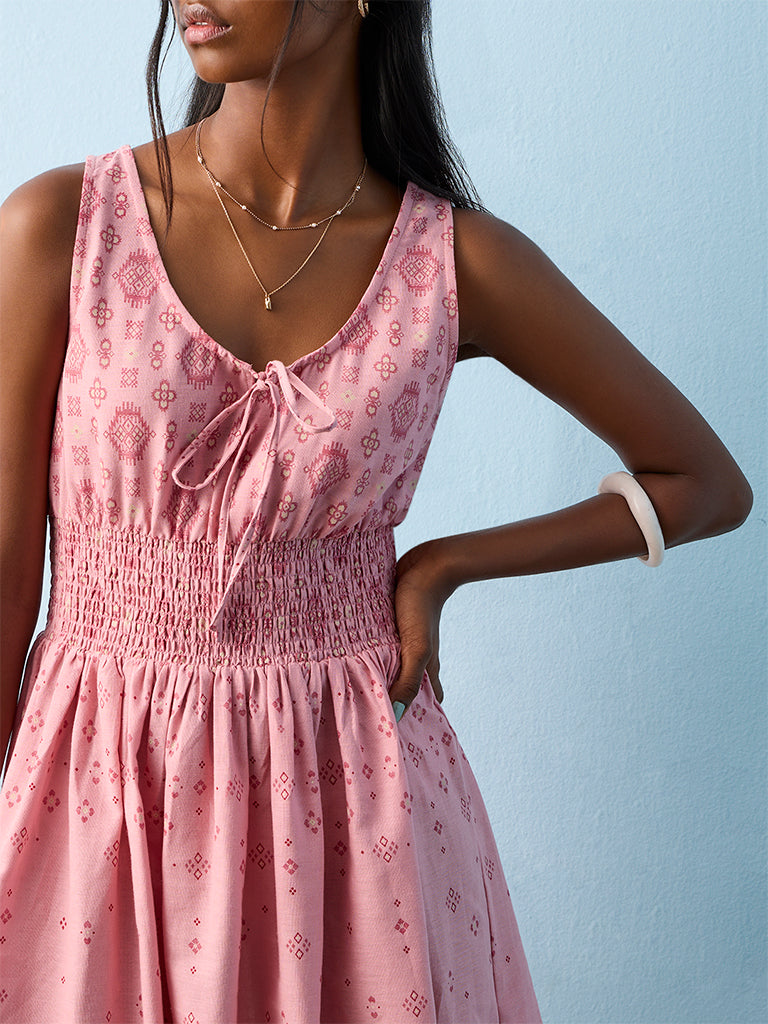 Bombay Paisley Pink Printed Cotton-Blend A-Line Dress