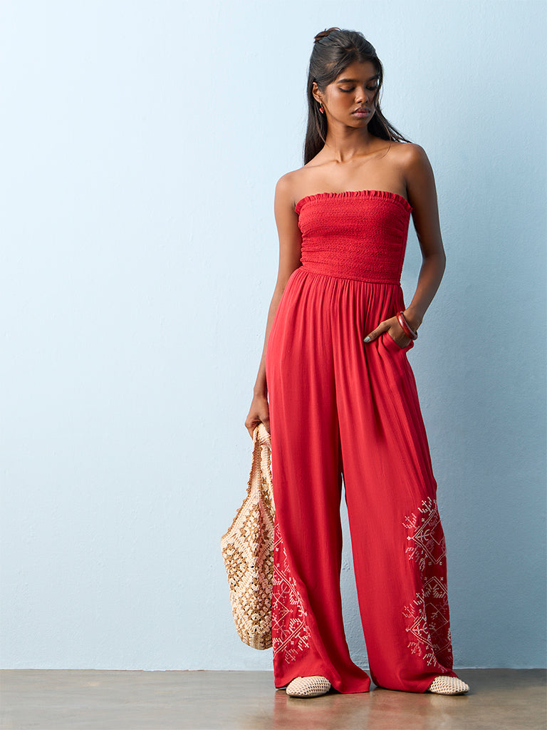 Bombay Paisley Red Embroidered Jumpsuit