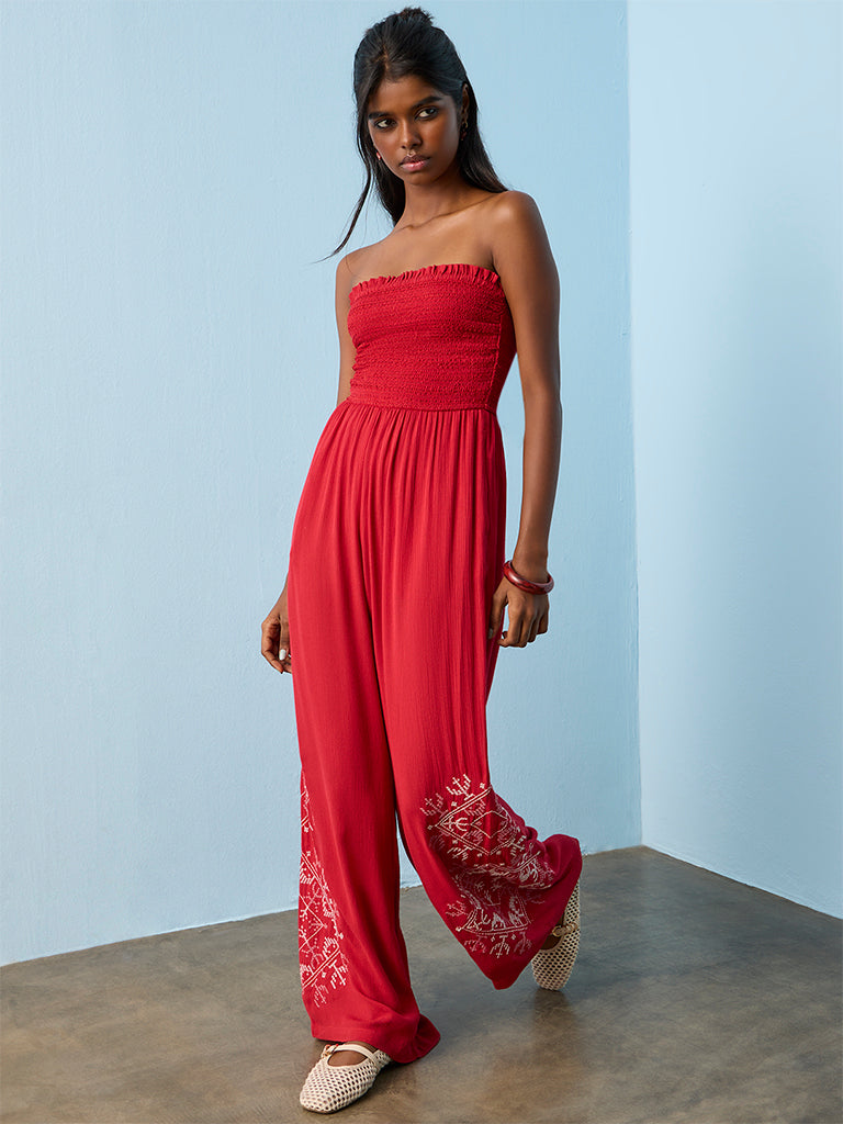 Bombay Paisley Red Embroidered Jumpsuit