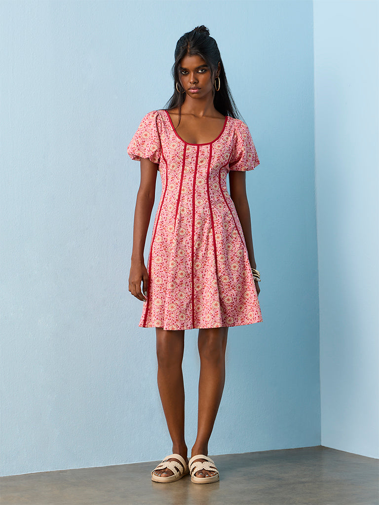 Bombay Paisley Pink Floral Pattern Cotton-Blend A-Line Dress