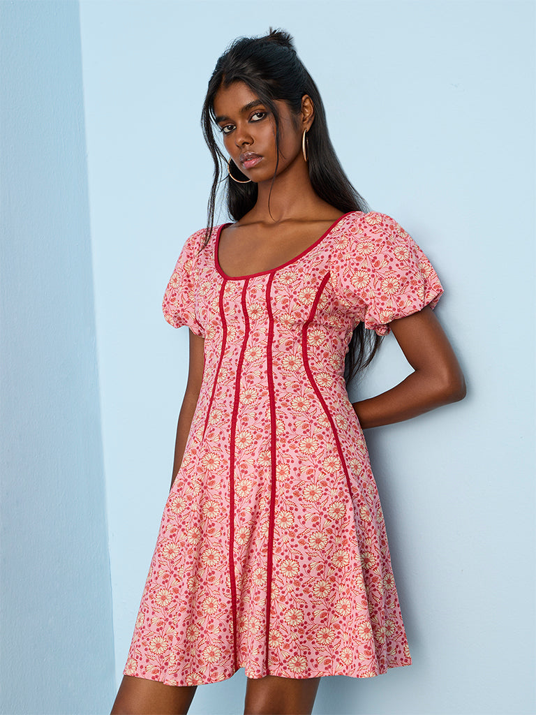 Bombay Paisley Pink Floral Pattern Cotton-Blend A-Line Dress