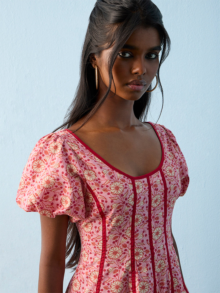 Bombay Paisley Pink Floral Pattern Cotton-Blend A-Line Dress