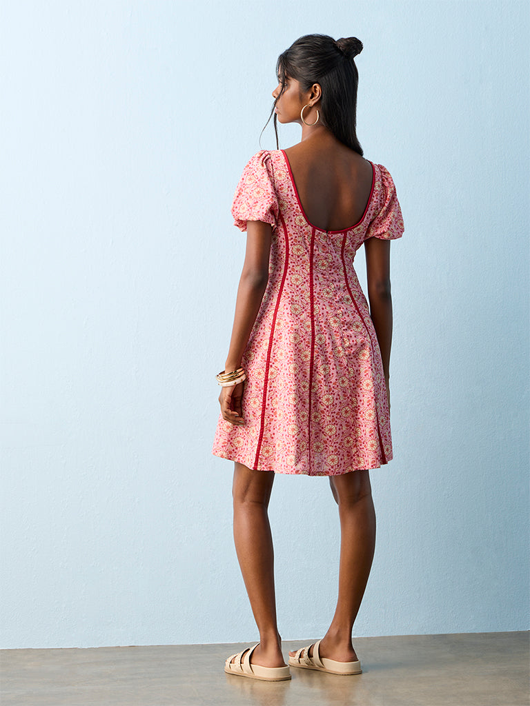 Bombay Paisley Pink Floral Pattern Cotton-Blend A-Line Dress