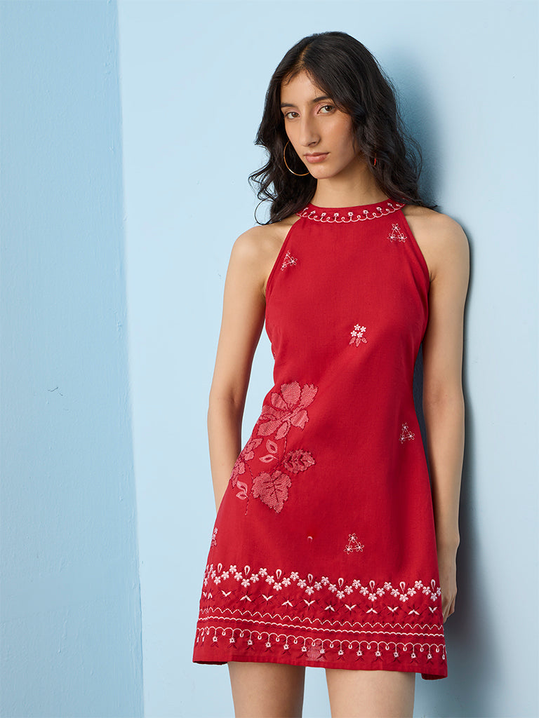 Bombay Paisley Red Floral Embroidered Cotton A-Line Dress