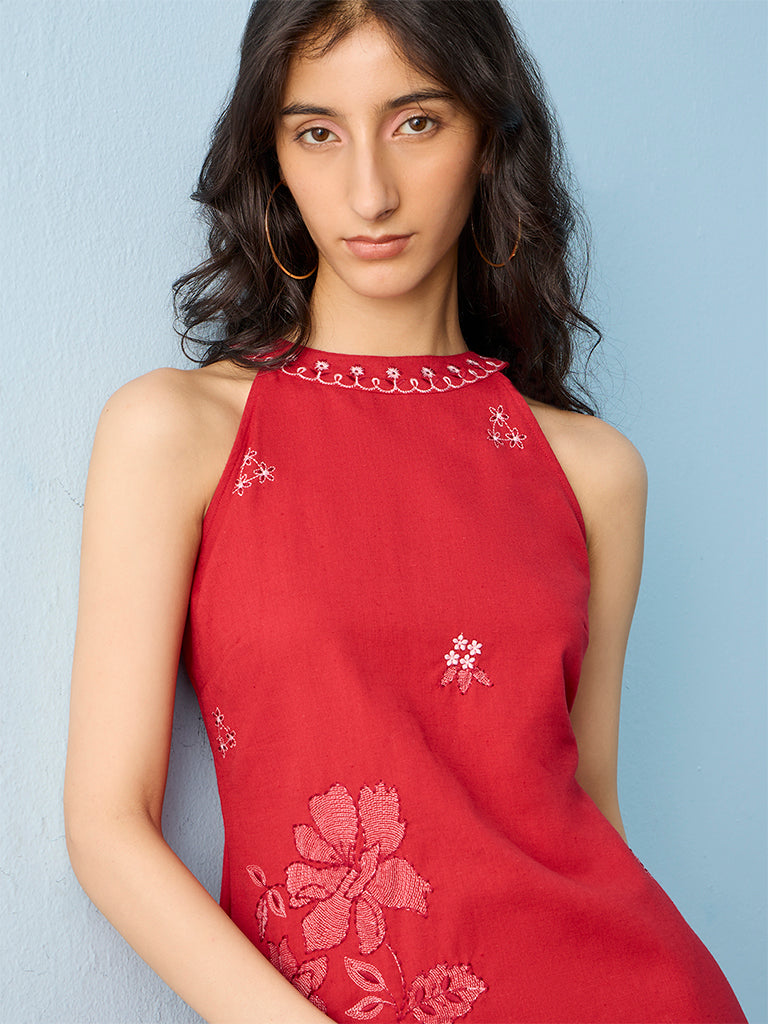 Bombay Paisley Red Floral Embroidered Cotton A-Line Dress