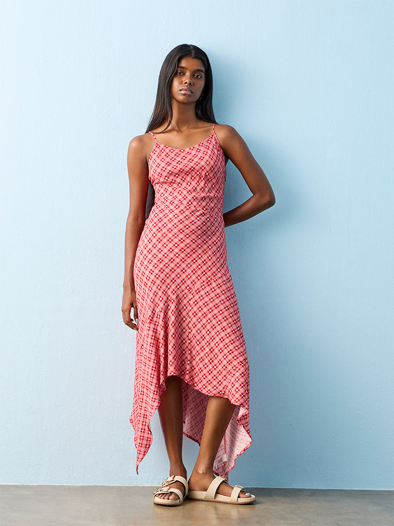 Bombay Paisley Red Checks Design Asymmetrical Dress