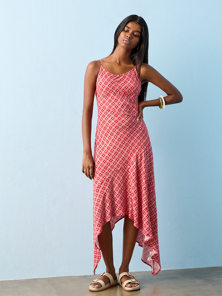 Bombay Paisley Red Checks Design Asymmetrical Dress