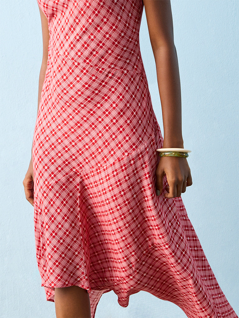 Bombay Paisley Red Checks Design Asymmetrical Dress