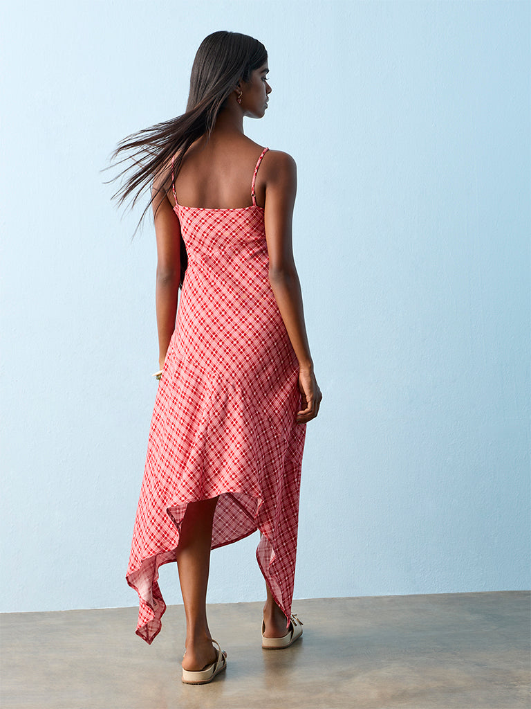Bombay Paisley Red Checks Design Asymmetrical Dress