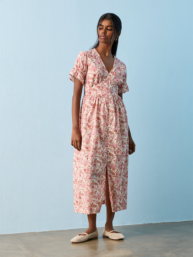 Bombay Paisley Red Nature-Inspired Cotton A-Line Dress