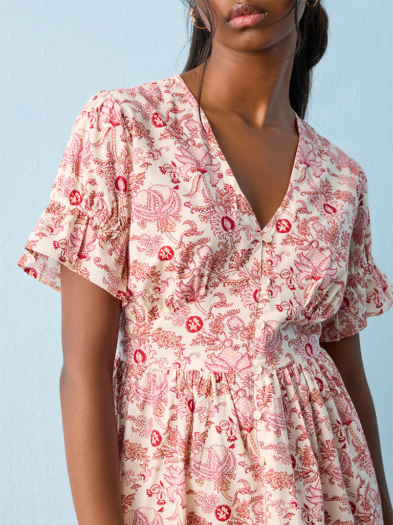 Bombay Paisley Red Nature-Inspired Cotton A-Line Dress