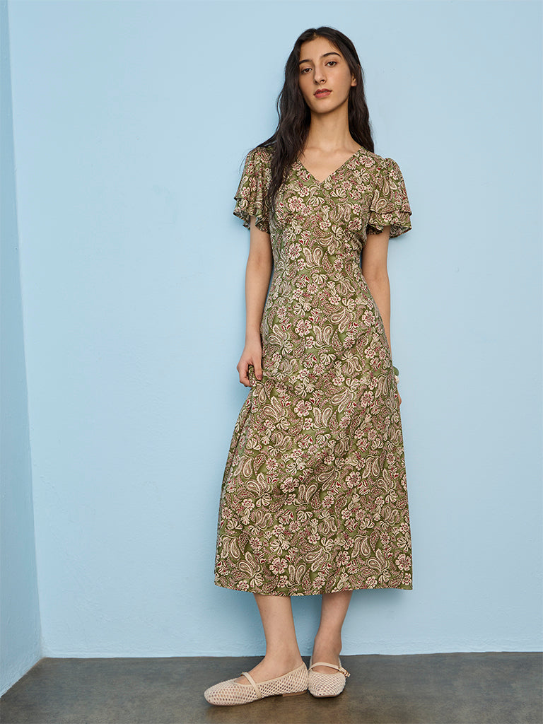 Bombay Paisley Green Floral Printed A-Line Dress