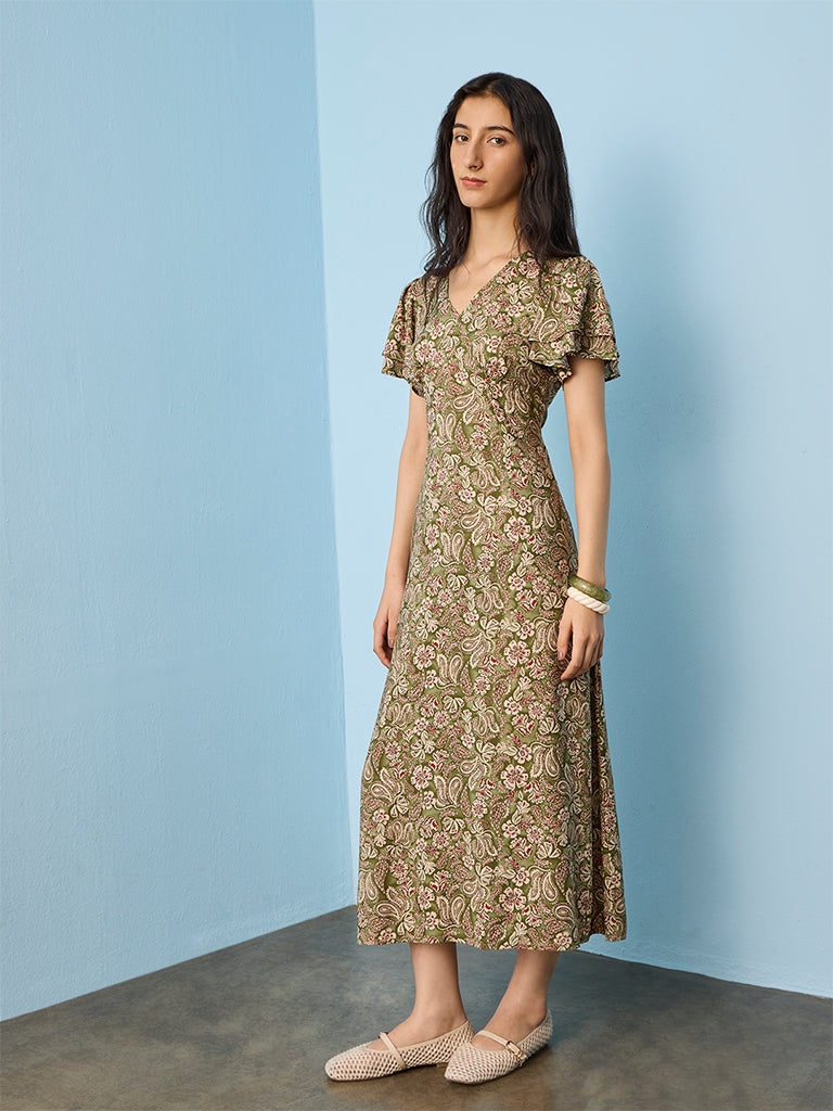 Bombay Paisley Green Floral Printed A-Line Dress