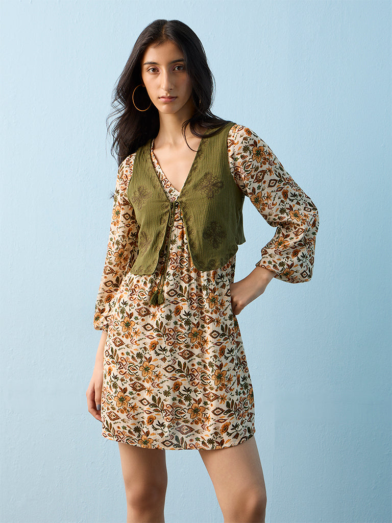 Bombay Paisley Off-White Floral Printed Cotton A-Line Dress with Jacket