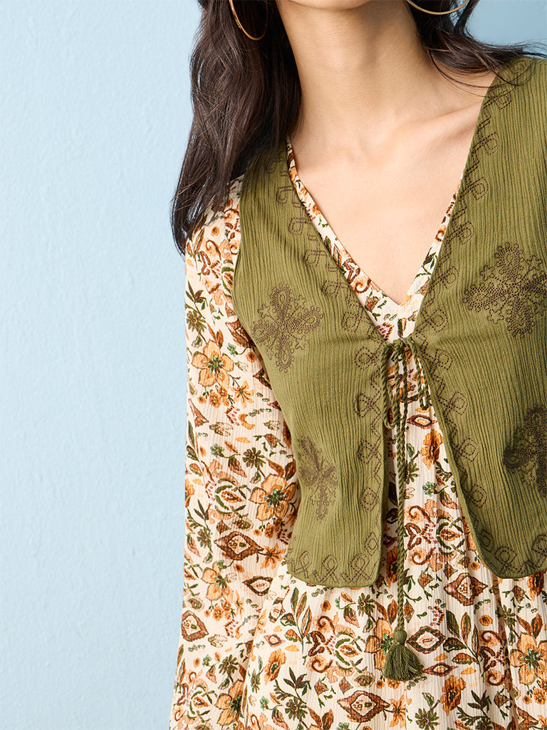Bombay Paisley Off-White Floral Printed Cotton A-Line Dress with Jacket