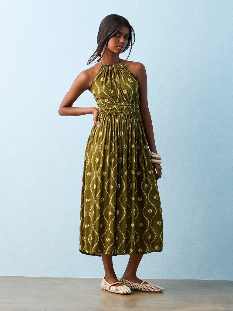 Bombay Paisley Olive Printed A-Line Dress