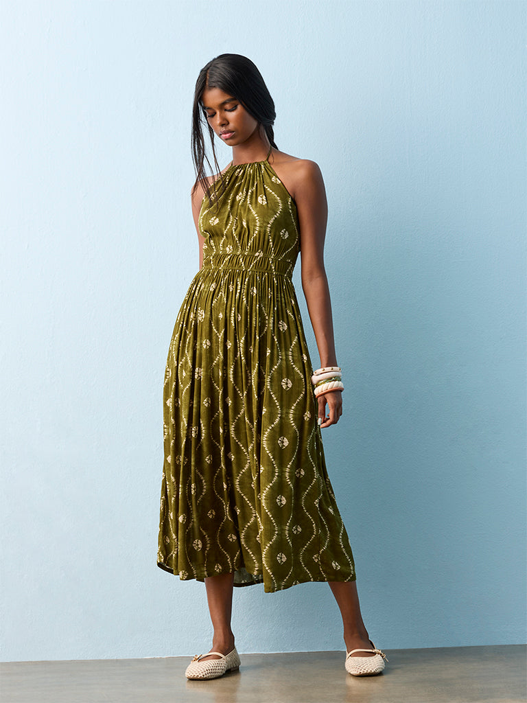 Bombay Paisley Olive Printed A-Line Dress