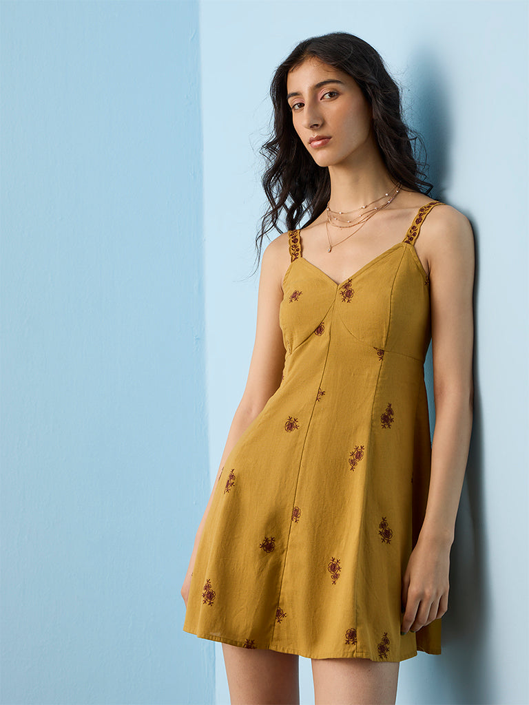 Bombay Paisley Mustard Embroidered Cotton-Blend A-Line Dress