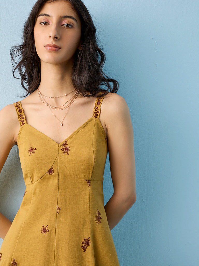 Bombay Paisley Mustard Embroidered Cotton-Blend A-Line Dress