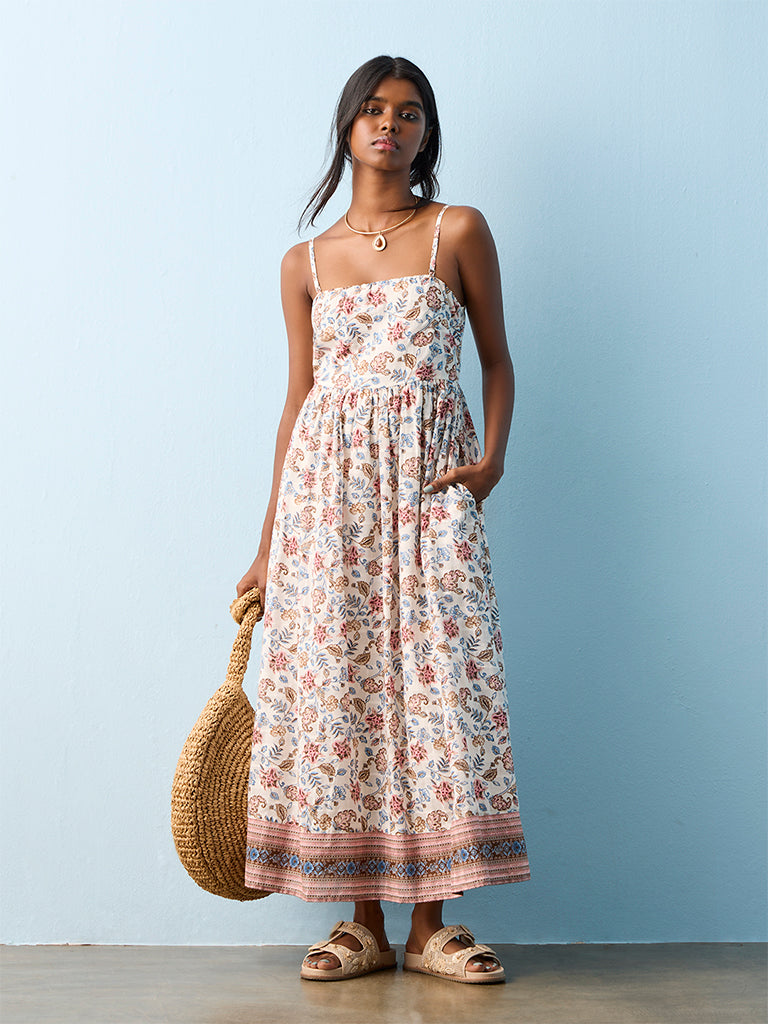 Bombay Paisley Multicolor Botanical Pattern Cotton A-Line Dress